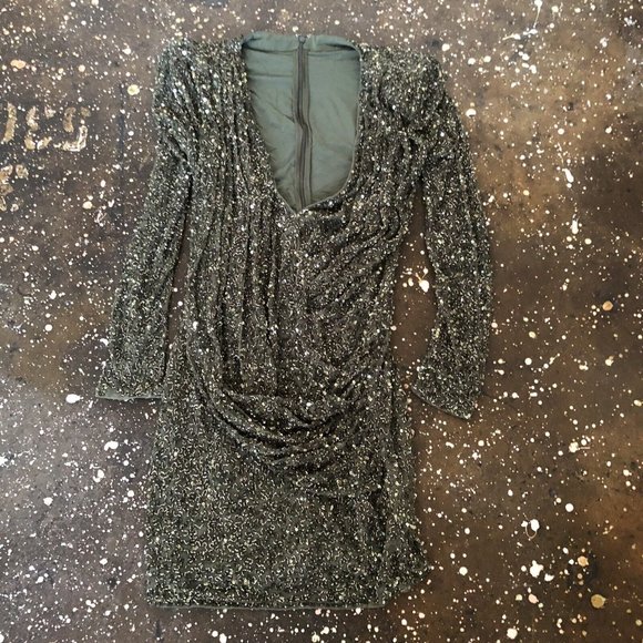 retrofete Yael Dres Olive Green Mini Sequin Deep V Party - Picture 8 of 11